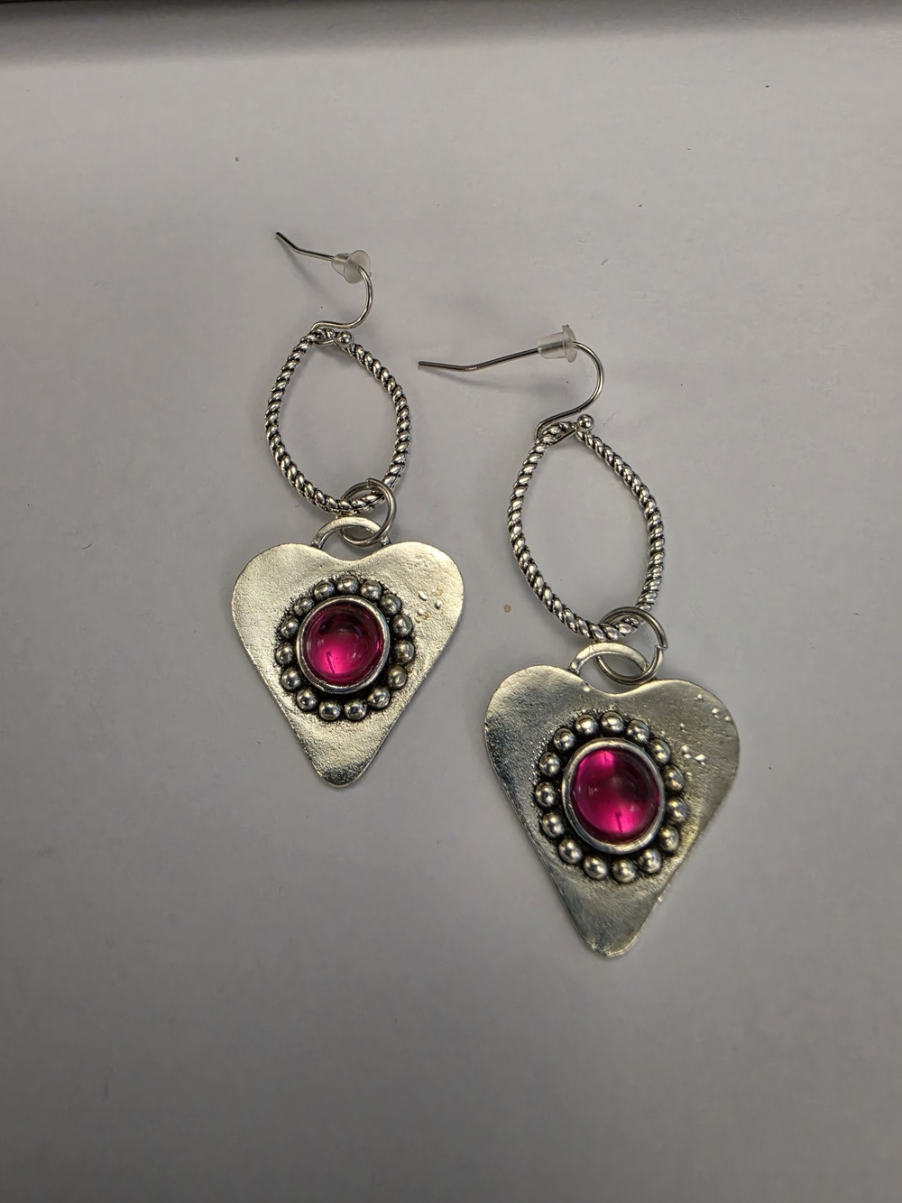 Silver Heart Drop Earrings with Pink Gemstone